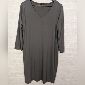 Eileen Fisher Gray Viscose Spandex Jersey VNeck Midi Dress 3/4 Sleeve Large